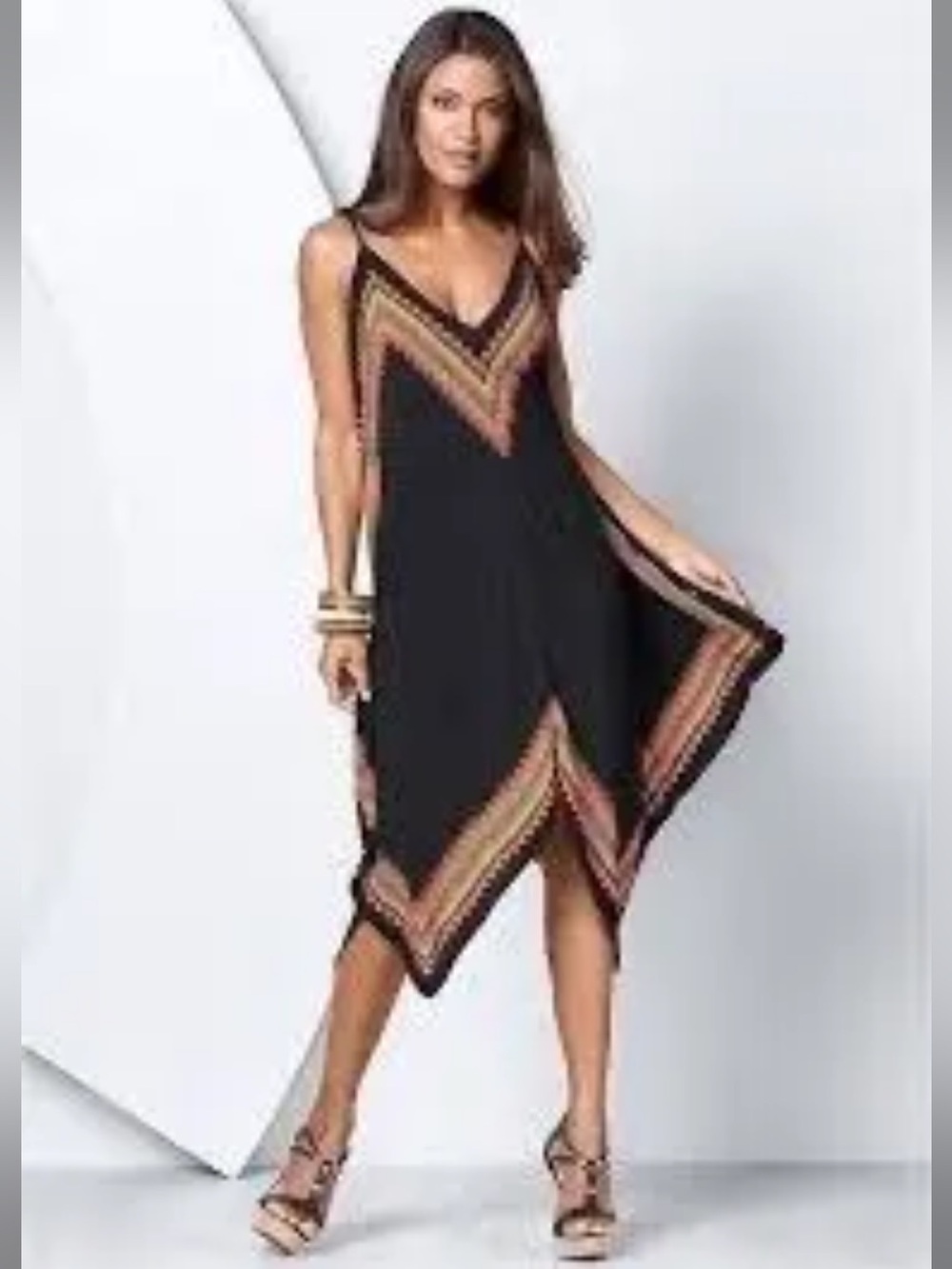 #246- VENUS Black Asymmetrical V-Neck Dress‎ with Chevron Trim
